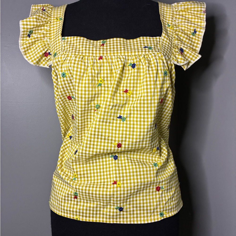 Cider Yellow Gingham Floral Embroidery Bow Knot Tank Top